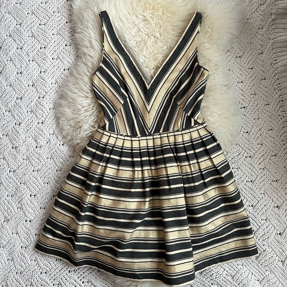 J crew factory metallic gold, black, beige striped v-neck dress size 0